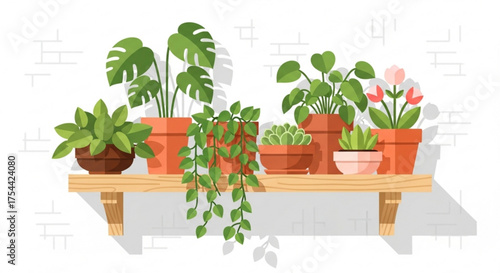 Collection of potted plants on a wooden shelf against a white brick wall indoor gardening and home decor concept