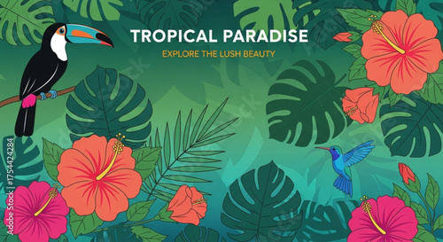 Vibrant tropical paradise illustration with toucan, hummingbird, hibiscus flowers, and lush monstera leaves, capturing the essence of an exotic getaway
