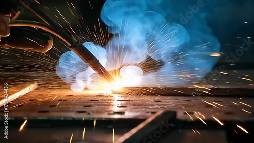 Welding Sparks and Smoke - A Close-Up of Industrial Metalwork.