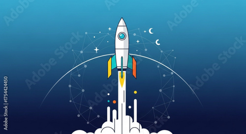 Illustration of a rocket taking off into space with stars and constellations, symbolizing a startup business and new beginnings in the digital world