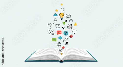 Open book with light bulb, speech bubble, rocket, and other icons floating above, symbolizing knowledge and creativity