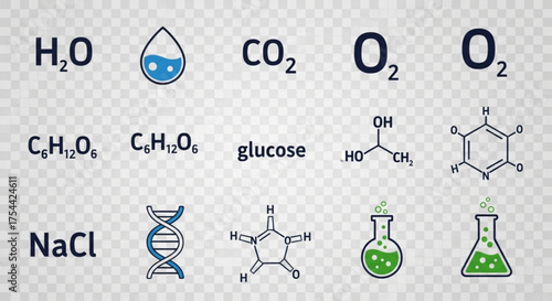 Collection of chemical formulas and molecular structures, , representing science, chemistry, and education, for learning