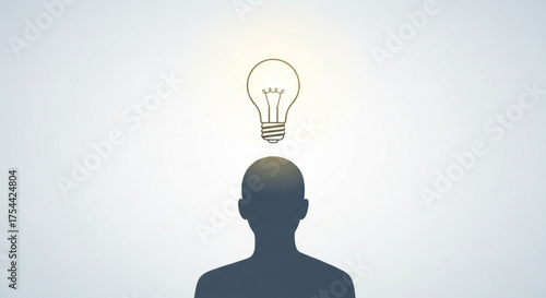 Silhouette of a person with a light bulb above their head, symbolizing idea generation, creativity, and innovation on a clean