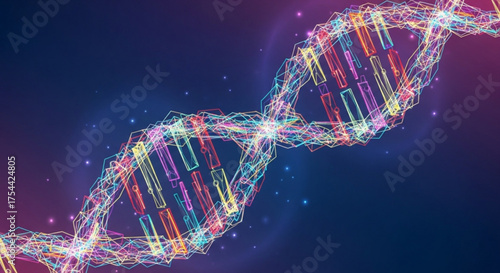 A vibrant and intricate 3d rendering of a dna double helix, showcasing its complex structure and the beauty of genetic science on a dark blue background