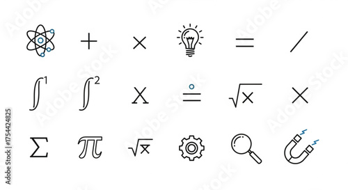 Mathematical symbols and signs, science and education vector line icons set atom, plus, multiply, light bulb, equal, integral, pi, root, gear