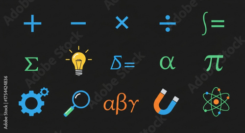 Set of colorful mathematical symbols and signs, science and education vector line icons atom, plus, multiply, light bulb, equal, integral, pi, root, gear, magnifier