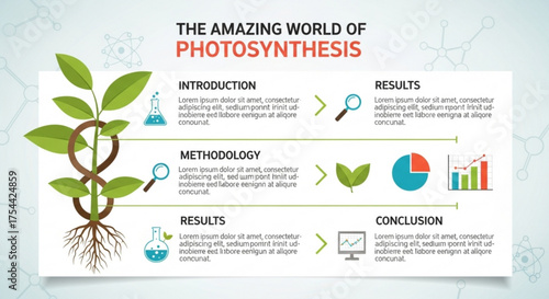 The amazing world of photosynthesis infographic, introduction, methodology, results and conclusion, vector illustration of plant with leaves and roots, diagram