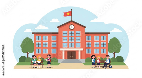 A cartoon illustration of a school building with students sitting on benches outside on a sunny day with blue sky and white clouds in the background