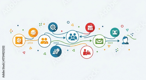 Workflow diagram with icons representing different stages of a process, including targeting, teamwork, communication
