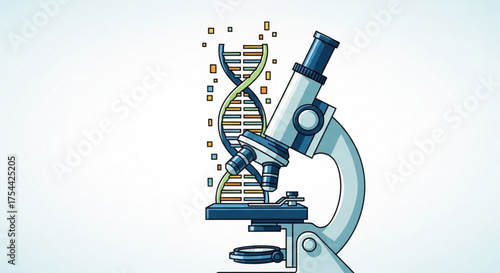 Illustration of a microscope with a dna strand, representing scientific research and genetic studies