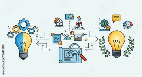 Creative process illustration with light bulbs, gears, rocket, documents, magnifying glass, and laurel wreath