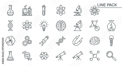 Line art illustration of science and research icons, representing scientific research and genetic studies