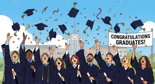 A joyful graduation celebration with diverse graduates throwing their caps in the air against a backdrop of a university building and blue sky