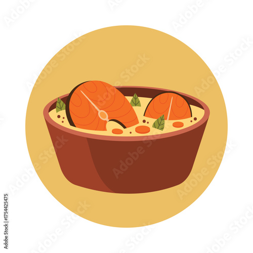 Traditional Norwegian fish soup with salmon in a bowl, isolated on white background vector illustration