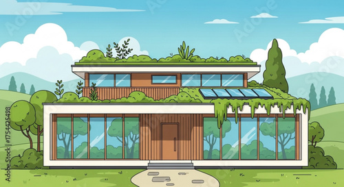 Contemporary ecofriendly house with a green roof and solar panels environmentally sustainable home design with lush vegetation vector illustration