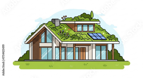 Modern eco house with green roof and solar panels sustainable architecture and energy efficiency concept vector illustration