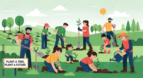 A community unites to plant trees, symbolizing a commitment to a greener future and environmental stewardship, with children participating