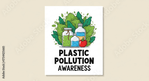 Plastic pollution awareness poster glass bottle, jar, apple, and green leaves with text plastic pollution awareness