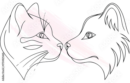 Continuous line drawing cat and dog faces touching noses Symbol of  friendship