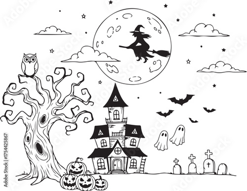 Spooky Halloween Night Illustration: An spooky illustration features a silhouetted witch soaring across a full moon, casting a spell over a haunted house, surrounded by pumpkins, ghosts, and bats.