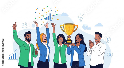 Business team celebrating success with a trophy diverse group of colleagues rejoicing in their achievement, confetti falling around them