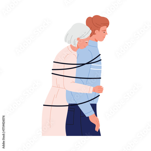 Isolated concept of codependent parent and adult child emotionally tied together vector illustration