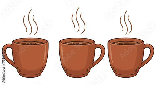 Three steaming cups of hot coffee or tea.