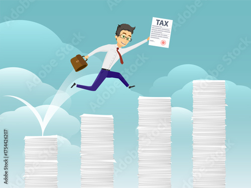 Businessman jumping with a paper tax return in his hand over stacks of papers and documents. Vector illustration.