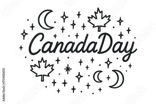 Canada Day Celebration. Hand-drawn canada day with moons, maple leaves, and sparkles, center word “CanadaDay” in black and white