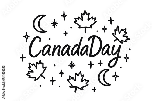 Canada Day Celebration. Hand-drawn canada day with moons, maple leaves, and sparkles, center word “CanadaDay” in black and white