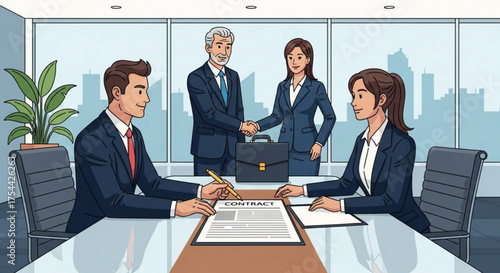 Business meeting with contract signing and handshake between partners in office successful deal and teamwork concept