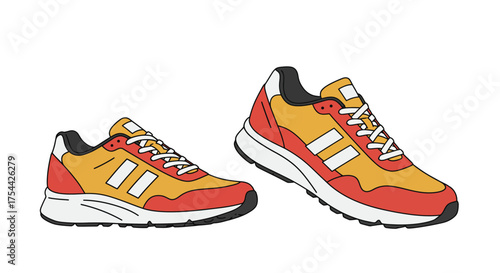 Two stylish athletic running shoes with vibrant orange and yellow colors.