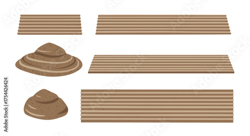 Wooden planks and piles of sand for construction or decoration.
