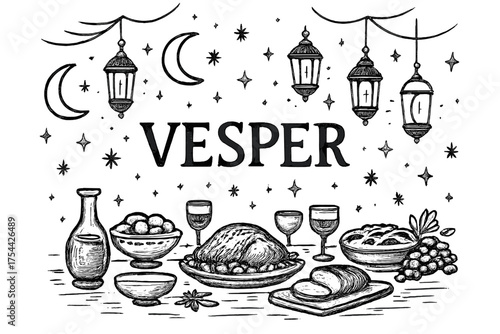Vesper Feast Illustration. Hand-drawn vesper feast with moons, lanterns, and sparkles, center word “Vesper” in black and white