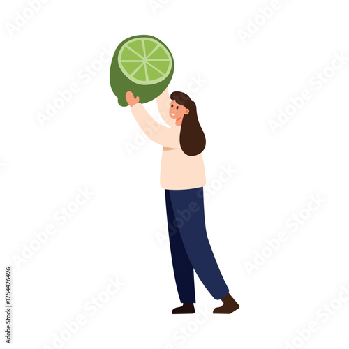 Smiling woman holding large lime slice on white isolated background healthy food concept vector illustration