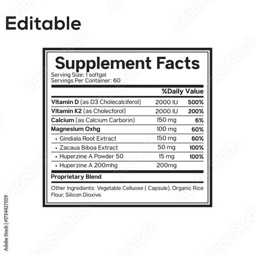 Supplement facts label detailed nutritional information for vitamins, minerals, and herbal extracts