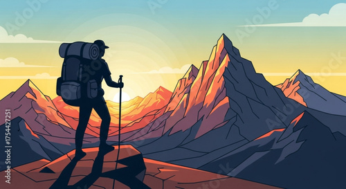 A lone hiker stands atop a rocky peak, silhouetted against a vibrant sunset, with majestic mountains and a sense of adventure and accomplishment