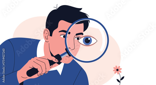 A man holding a magnifying glass to examine an eye closely.