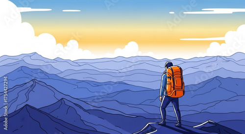A lone hiker gazes upon a vast mountain range under a serene sky, embodying exploration, adventure, and the beauty of natures boundless horizons