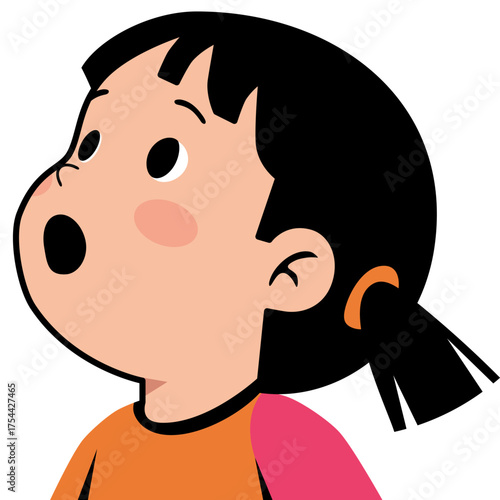 Cute little girl with dark hair and open mouth looking up with surprise. Child emotions and expression for education and children's book.