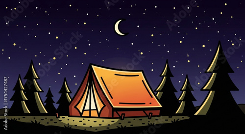 A tent is set up in a forest at night, with the moon and stars shining in the sky, and tall pine trees surrounding the campsite
