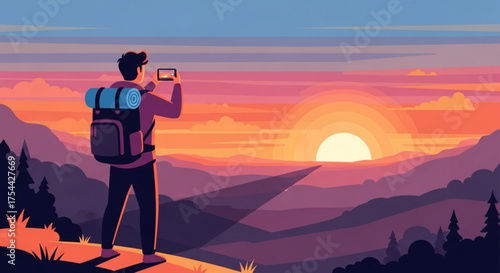 A hiker stands on a mountain top, capturing the sunset with his phone, a backpack slung over his shoulder, enjoying the panoramic view of the colorful sky