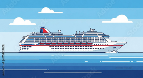 A cruise ship sails on the ocean, a luxurious vessel with multiple decks, lifeboats, and a prominent smokestack against a blue sky and sea backdrop