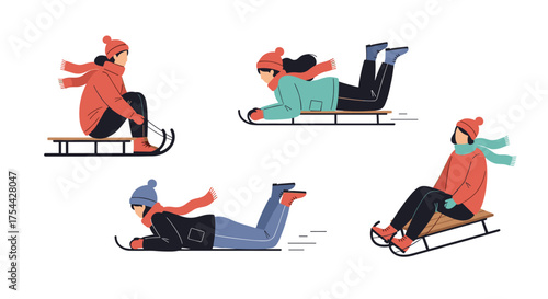 People enjoying winter fun sledding down a snowy hill on a bright day.