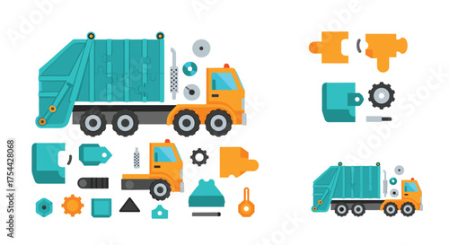 Illustration of a disassembled garbage truck and its components for assembly.