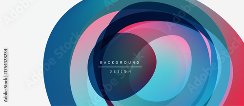 Abstract layers create dynamic circular design. Colors blend, forming modern background with text overlay. Simple, vibrant composition.