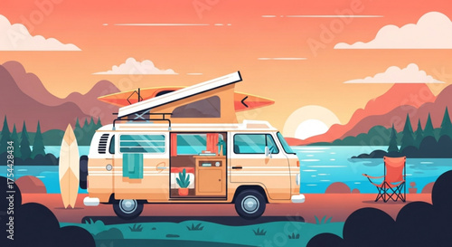 A vintage camper van parked by a lake at sunset, with a surfboard and kayak, representing outdoor adventure, travel, and the freedom of the open road