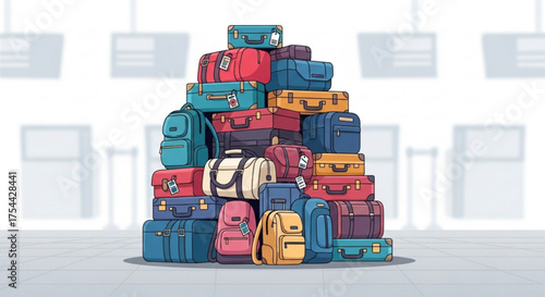A colorful pile of luggage and bags in an airport terminal, representing travel, vacation, and the excitement of going on a trip with baggage