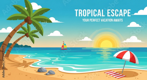 Tropical beach with palm trees, sun, and umbrella on a sunny day, perfect for a relaxing vacation getaway to a beautiful island paradise destination