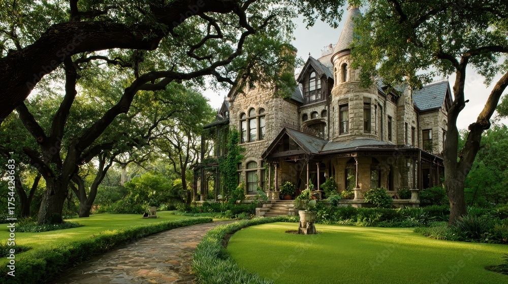 Obraz premium Texas Mansion. Luxury Home with Old Charm Surrounded by Green Landscape and Architectural Beauty